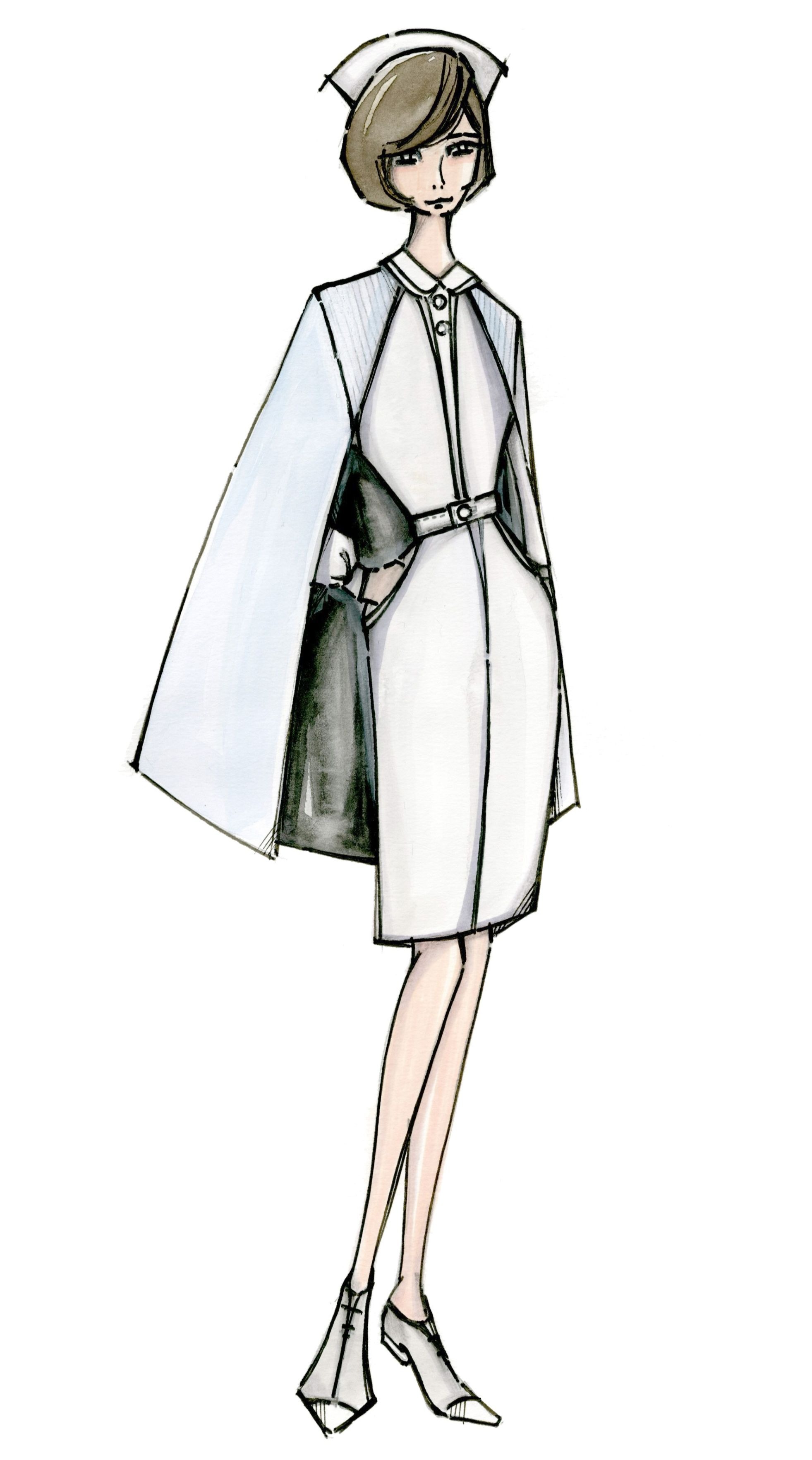 Student work showcasing past nursing uniforms 